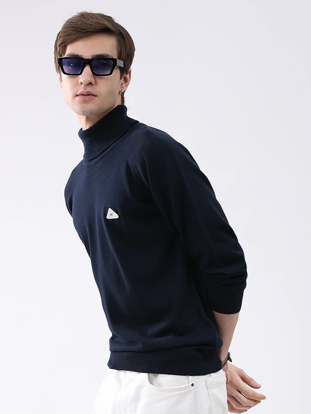 Men Navy Blue Solid Turtle Neck Full Sleeve Pullover - Image 6