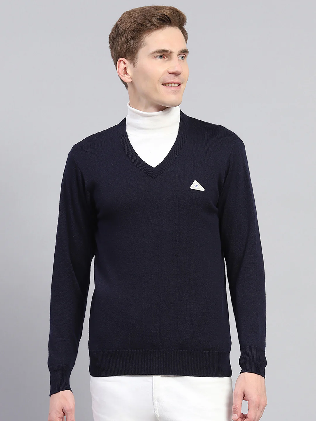 Men Navy Blue Solid V Neck Full Sleeve Pullover - Image 2