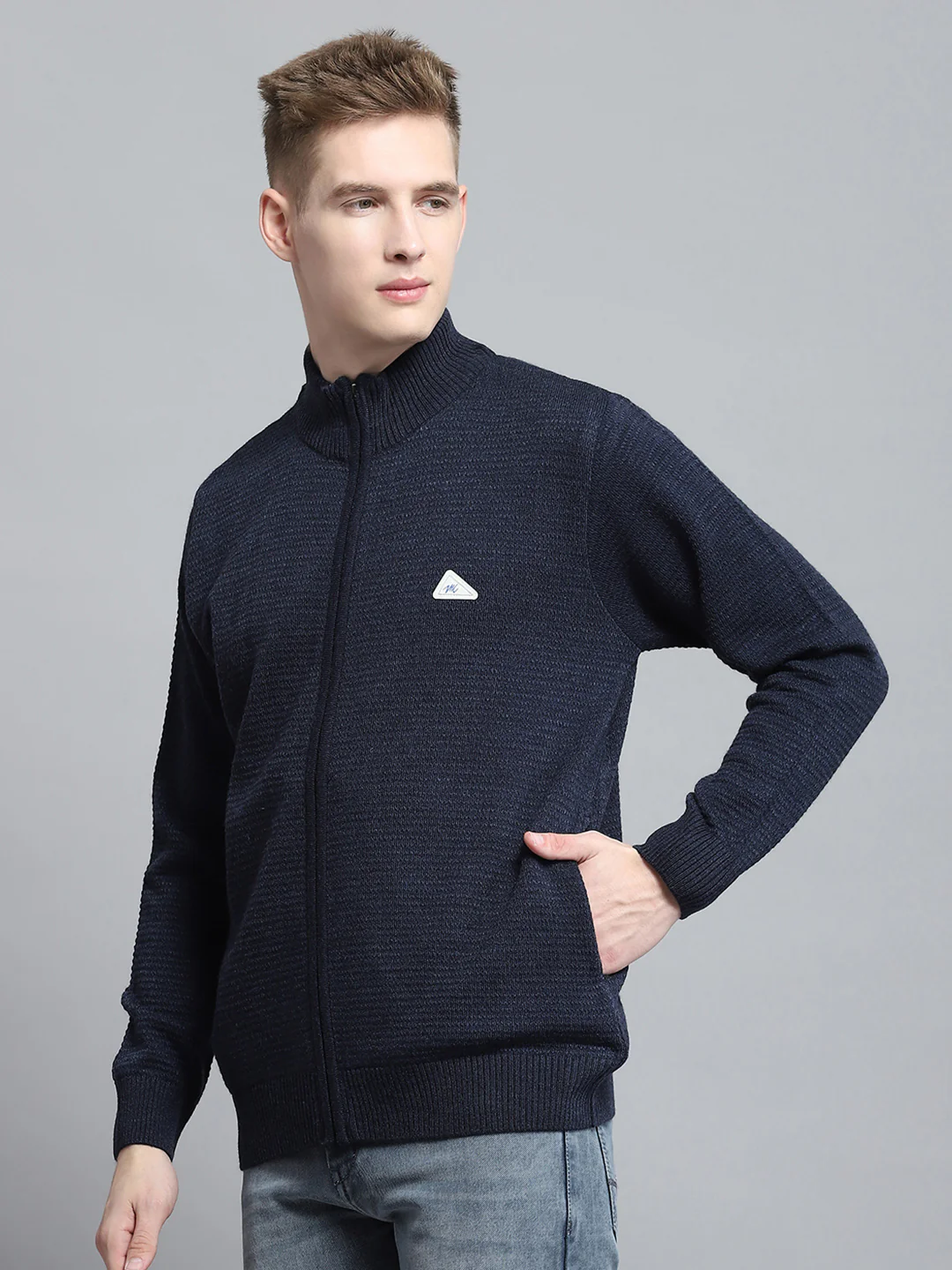 Men Navy Blue Solid V Neck Full Sleeve Pullover - Image 3