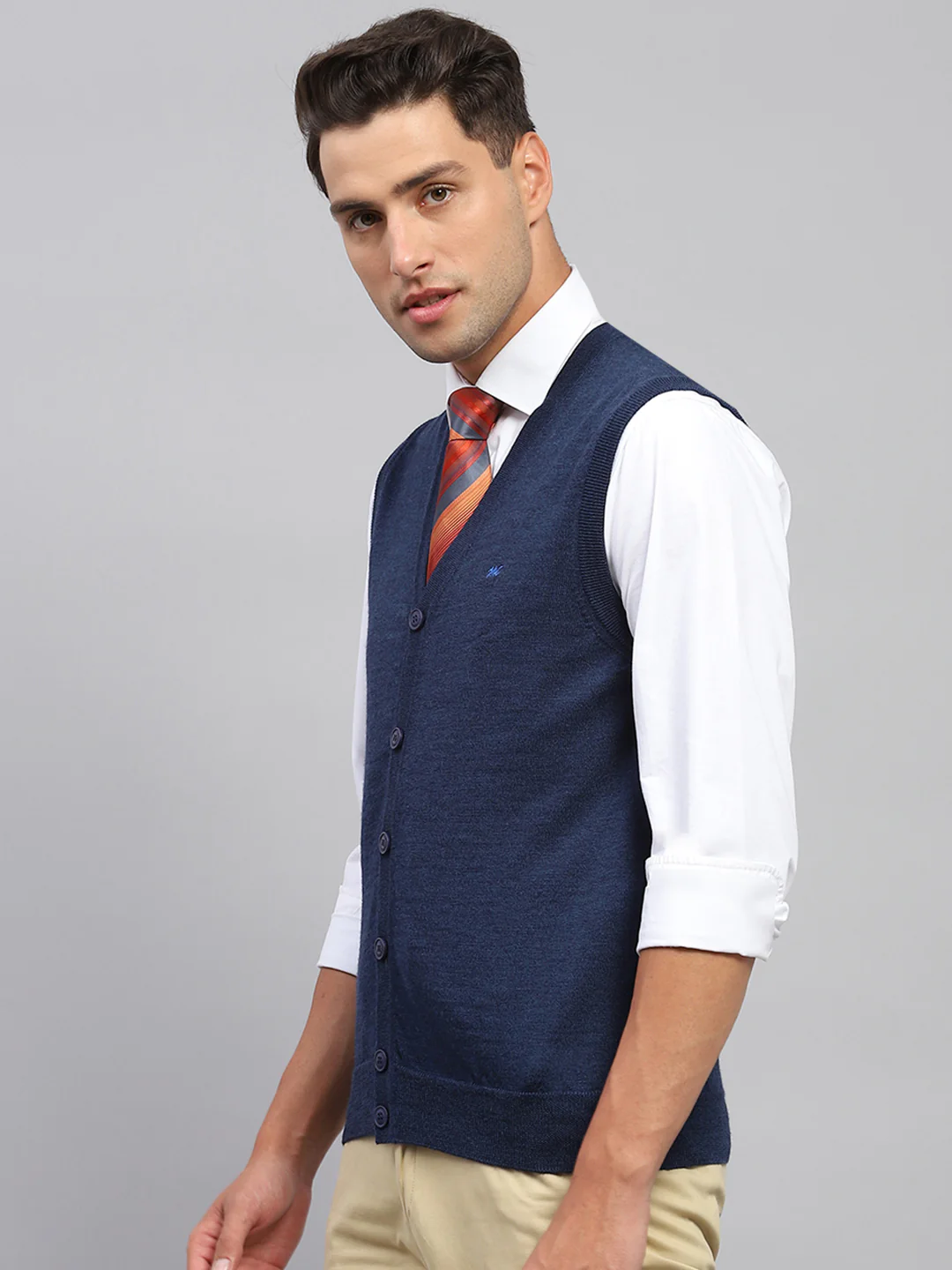Men Navy Blue Solid V Neck Sleeveless Cardigan - Image 3