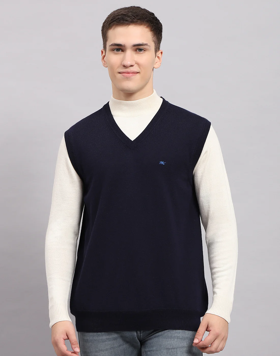 Men Navy Blue Solid V Neck Sleeveless Sweater - Image 2