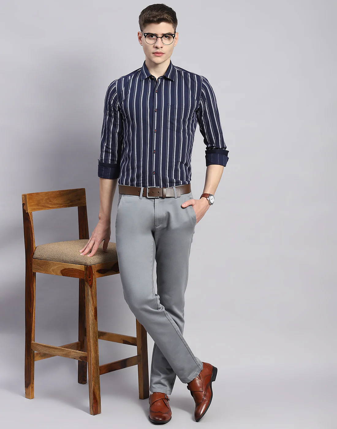 Men Navy Blue Stripe Collar Full Sleeve Shirt - Image 2