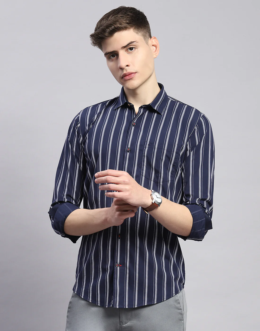 Men Navy Blue Stripe Collar Full Sleeve Shirt - Image 3