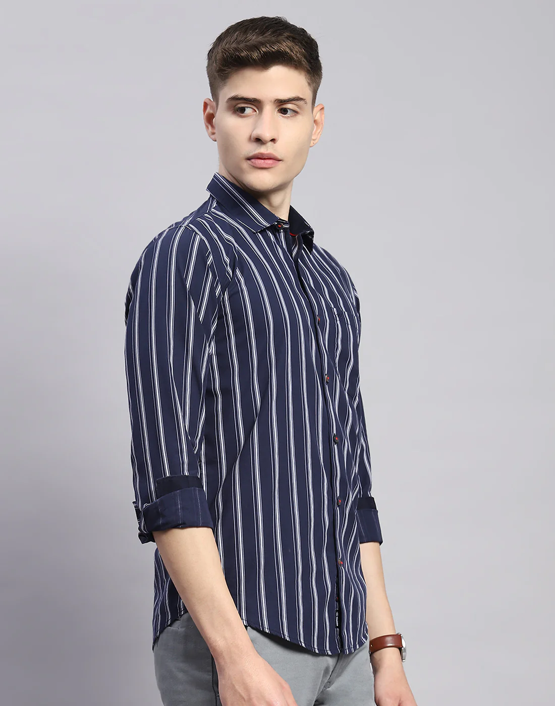 Men Navy Blue Stripe Collar Full Sleeve Shirt - Image 5
