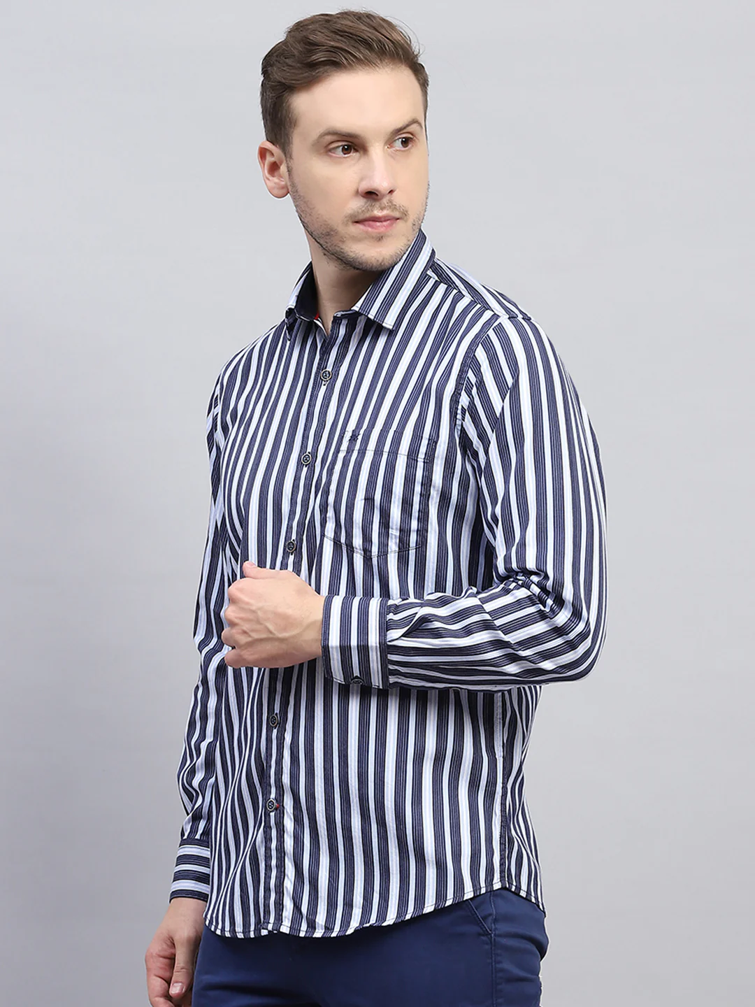 Men Navy Blue Stripe Collar Full Sleeve Shirt - Image 3