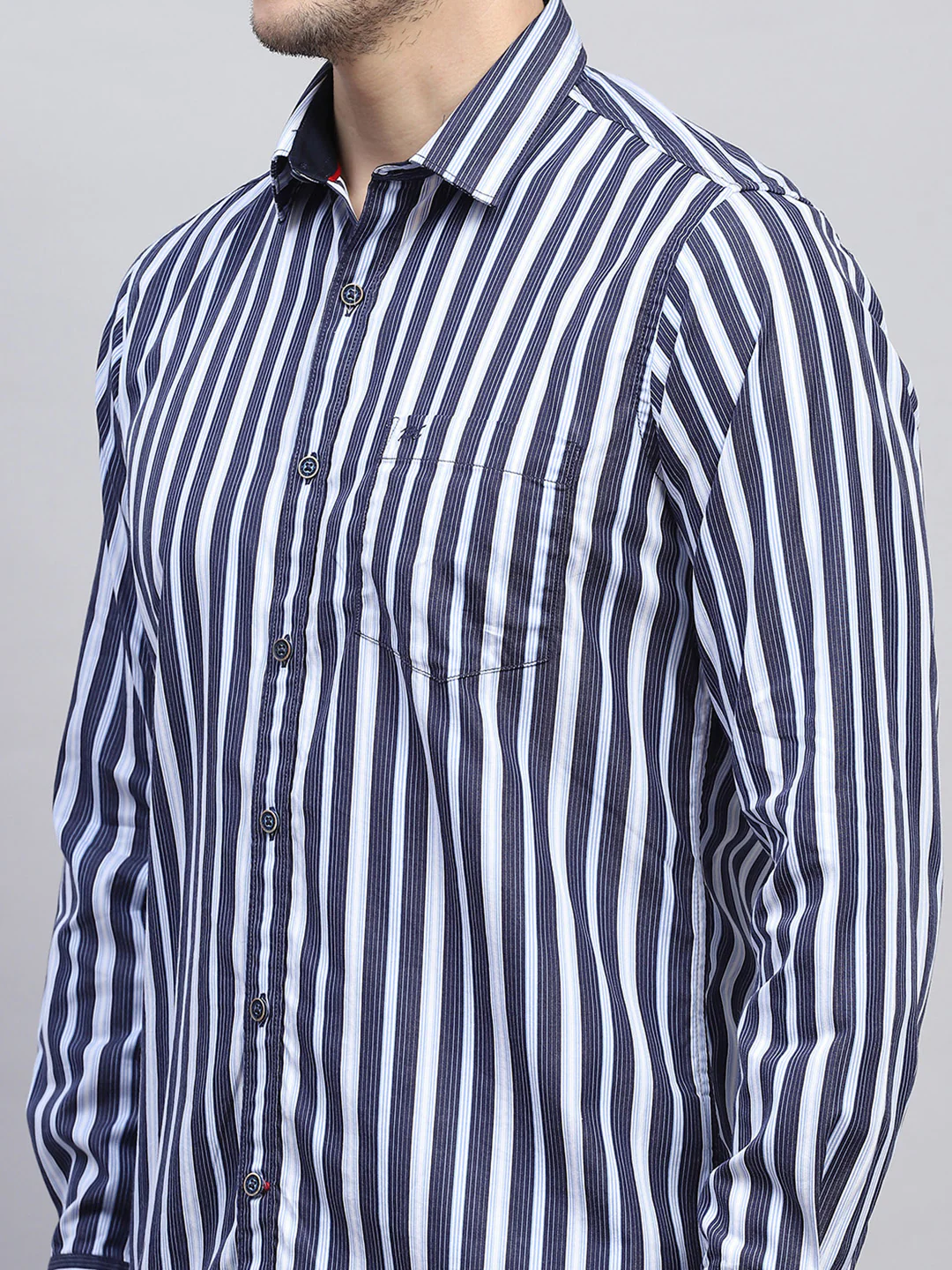 Men Navy Blue Stripe Collar Full Sleeve Shirt - Image 7