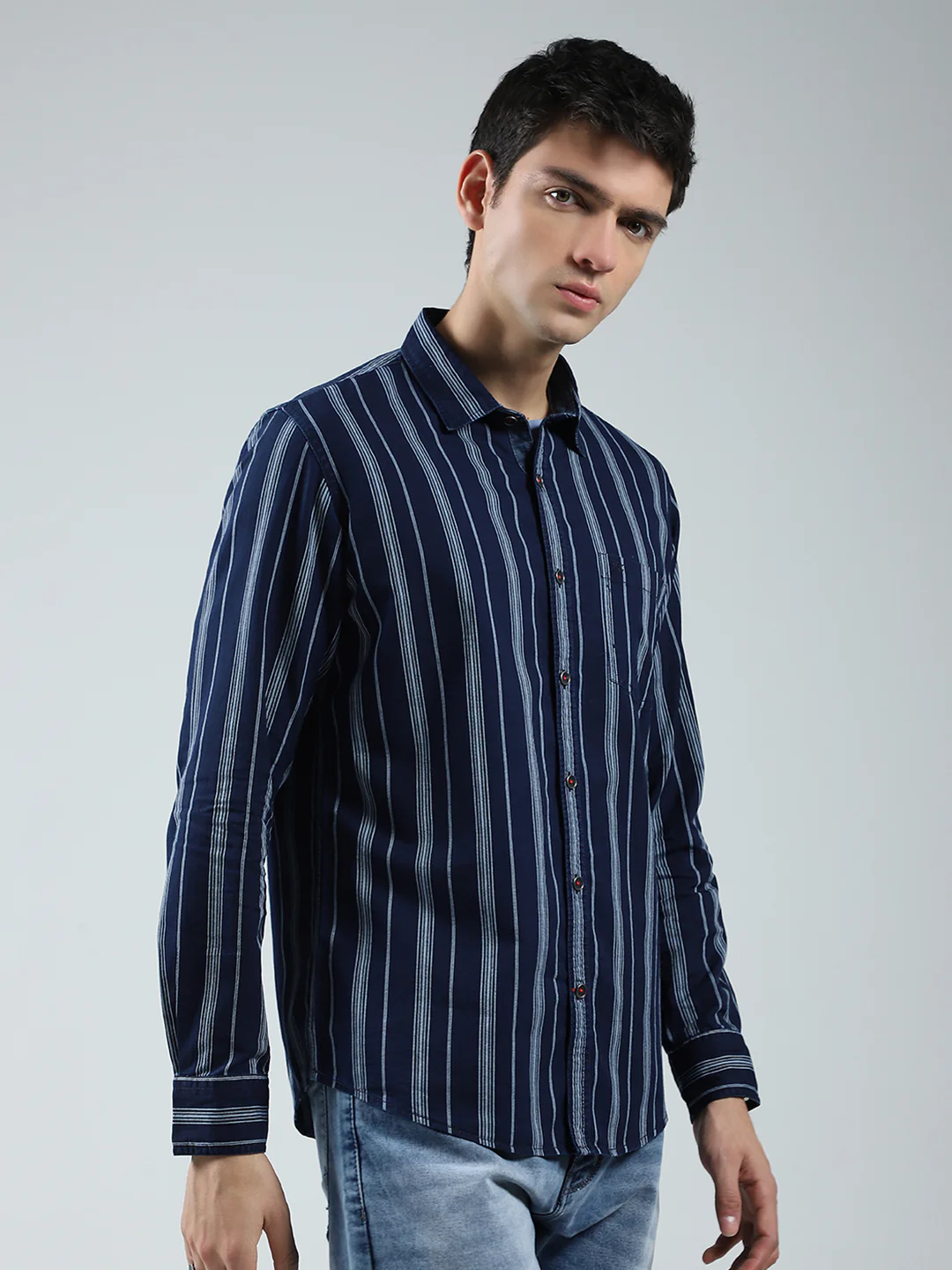 Men Navy Blue Stripe Collar Full Sleeve Shirt - Image 4