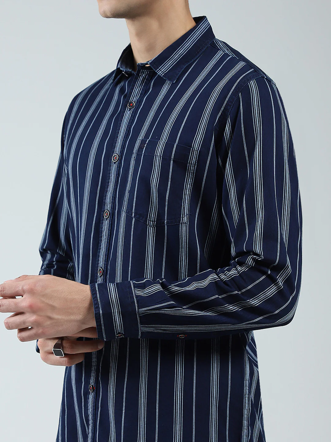 Men Navy Blue Stripe Collar Full Sleeve Shirt - Image 6