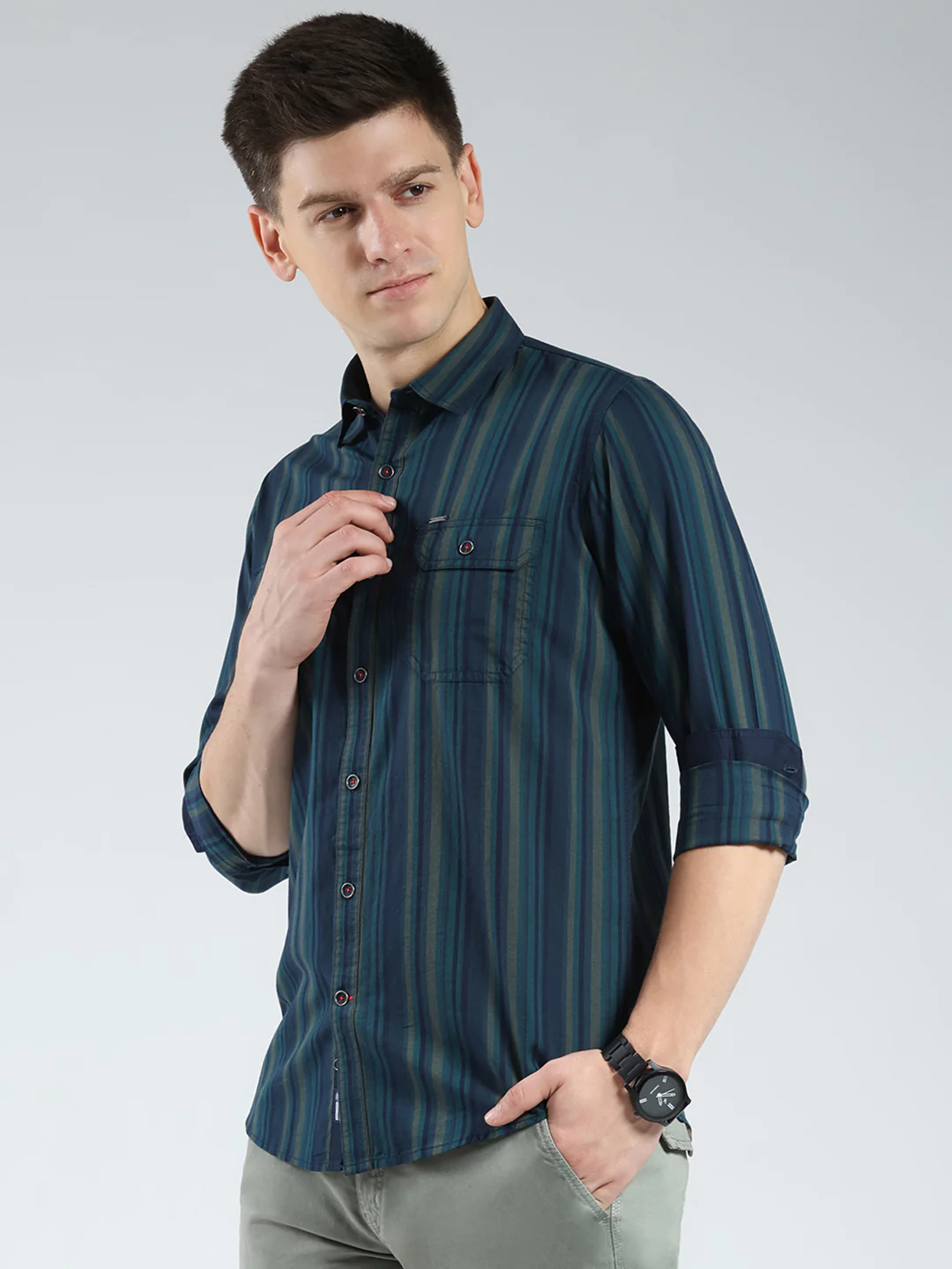 Men Navy Blue Stripe Collar Full Sleeve Shirt - Image 3