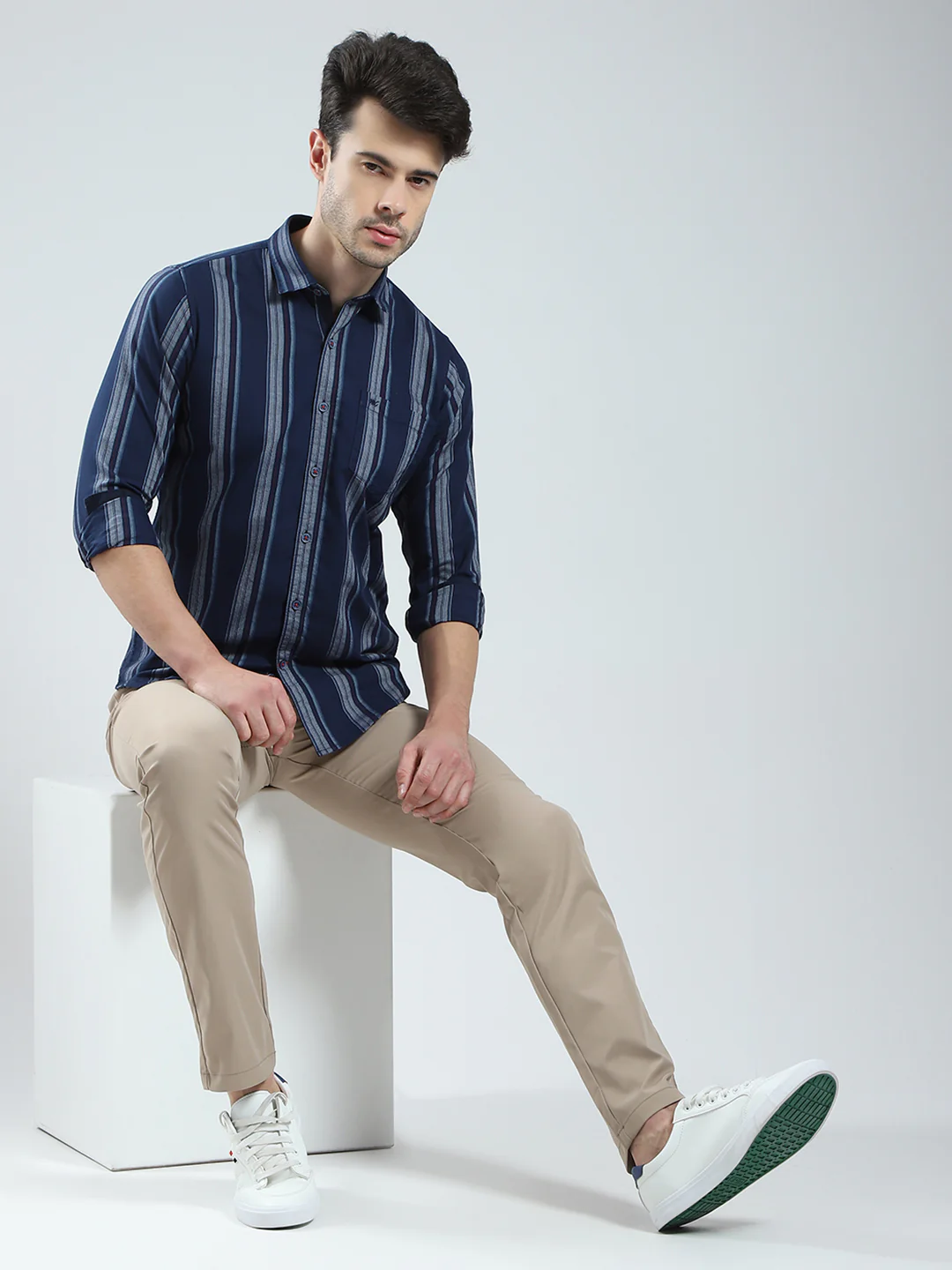 Men Navy Blue Stripe Collar Full Sleeve Shirt - Image 2