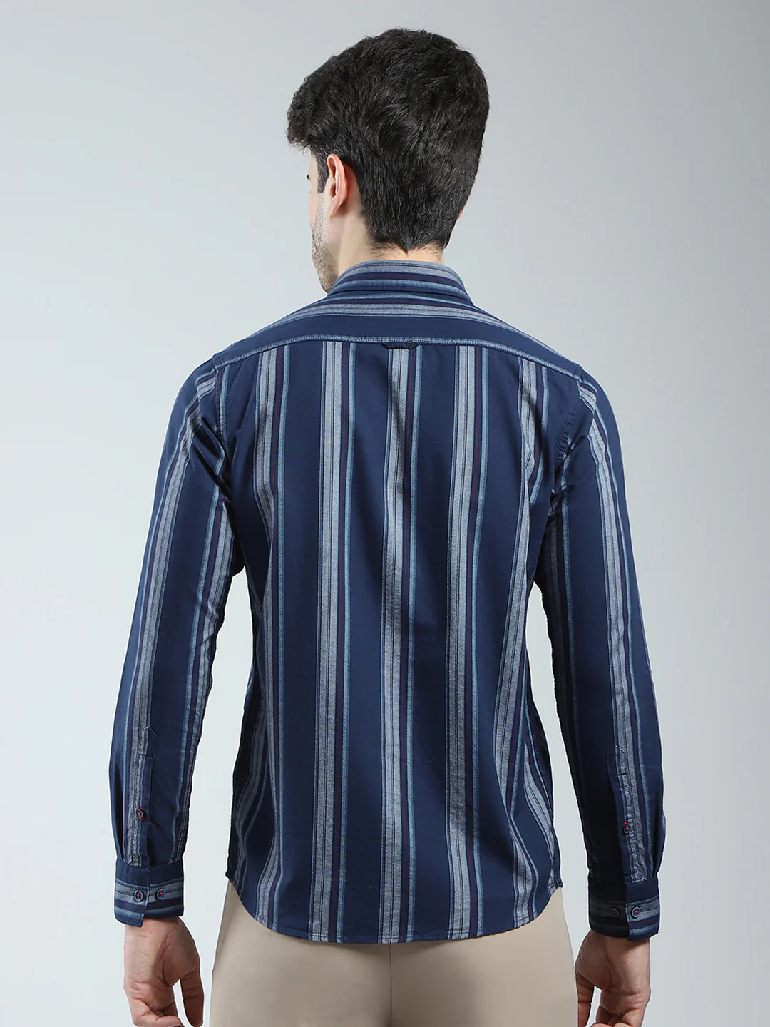 Men Navy Blue Stripe Collar Full Sleeve Shirt - Image 5