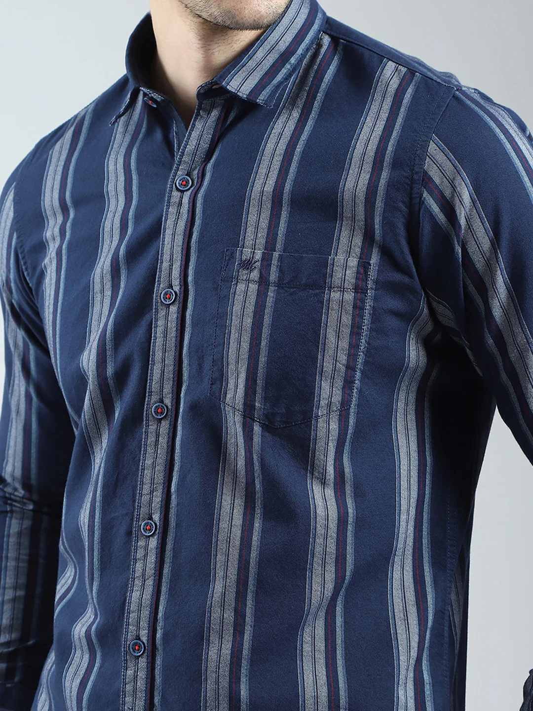 Men Navy Blue Stripe Collar Full Sleeve Shirt - Image 6