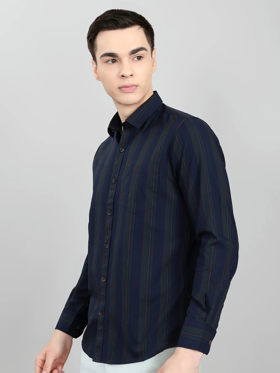 Men Navy Blue Stripe Collar Full Sleeve Shirt - Image 2