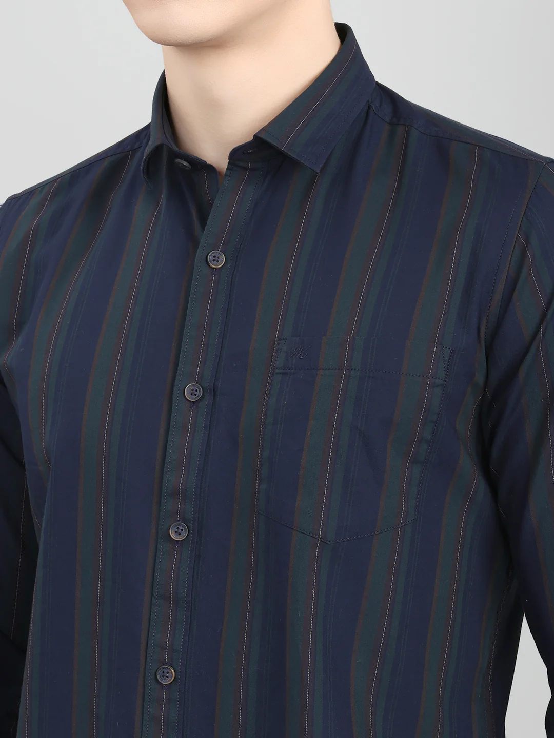 Men Navy Blue Stripe Collar Full Sleeve Shirt - Image 4