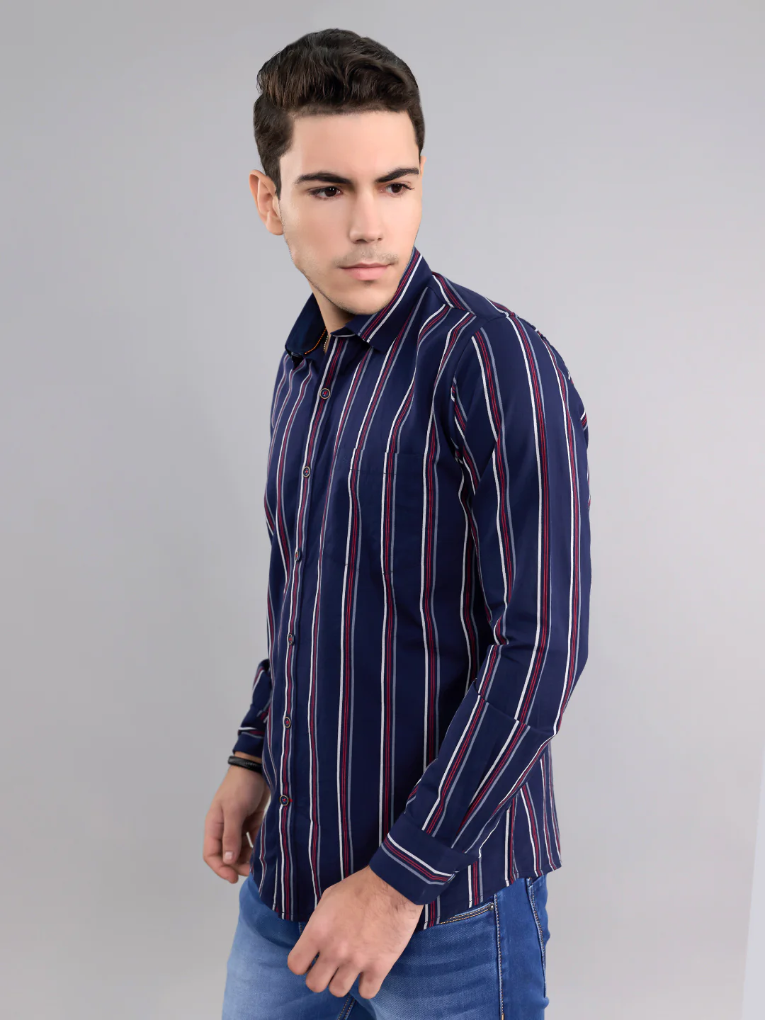 Men Navy Blue Stripe Collar Full Sleeve Shirt - Image 3