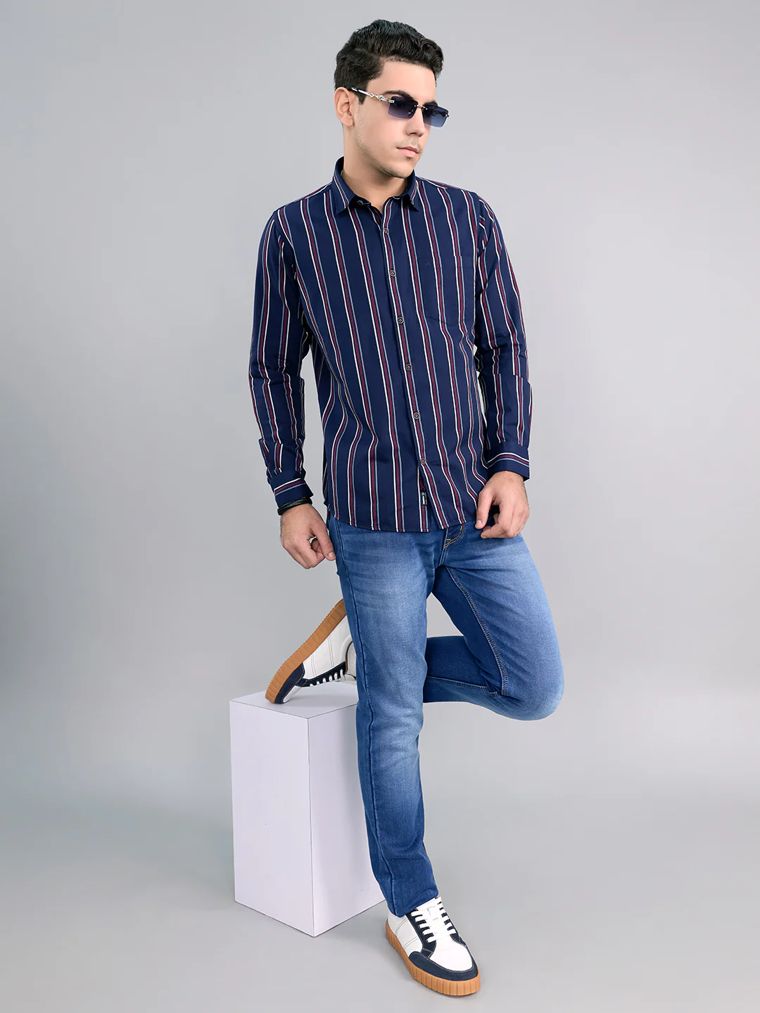 Men Navy Blue Stripe Collar Full Sleeve Shirt - Image 7