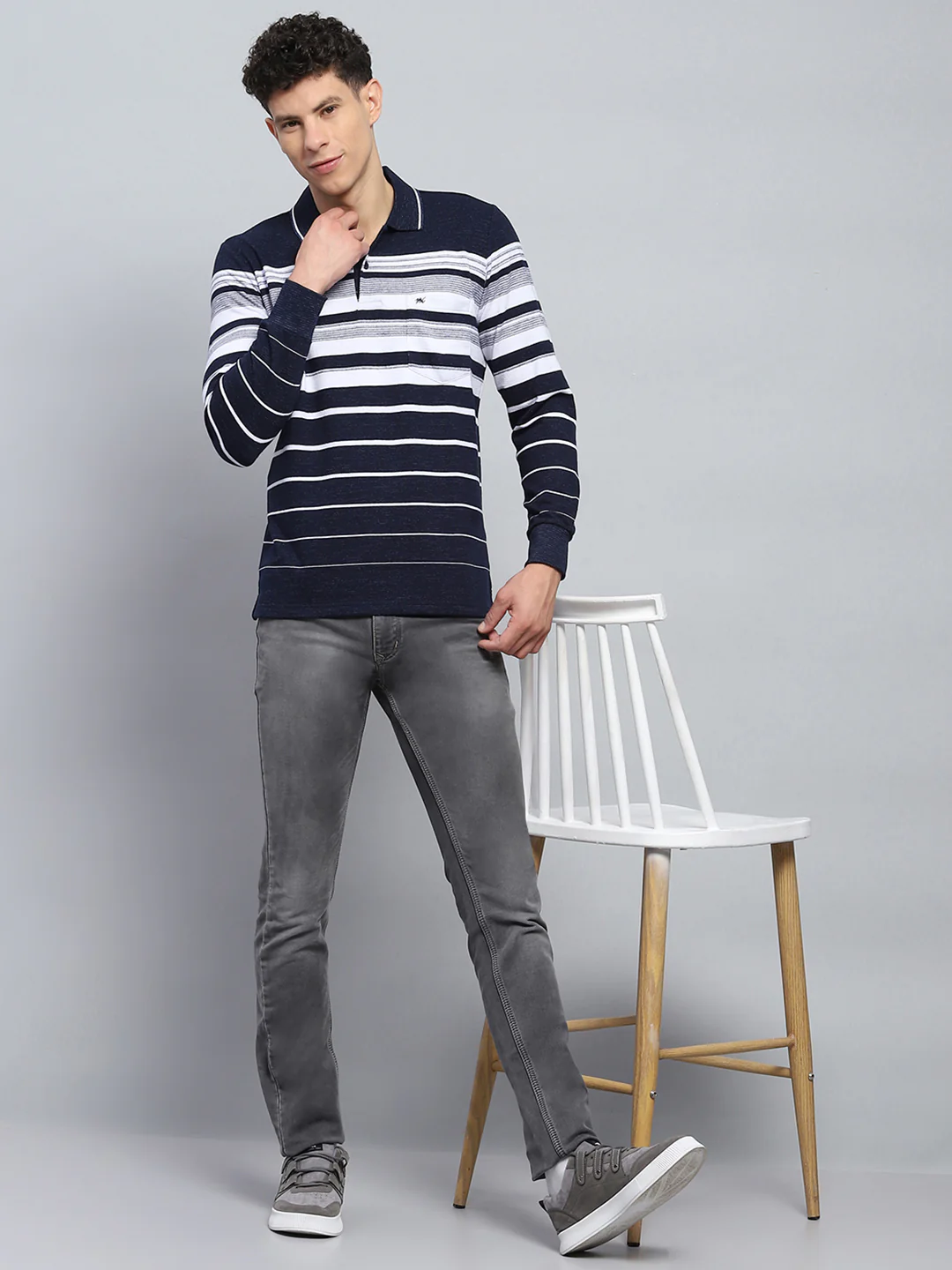 Men Navy Blue Stripe Collar Full Sleeve Winter T-Shirt - Image 2