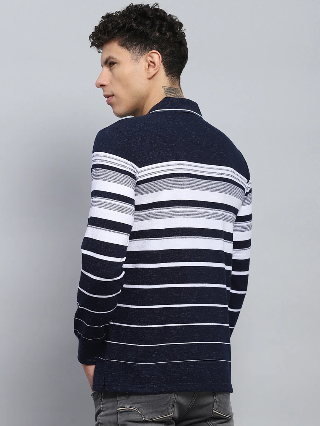 Men Navy Blue Stripe Collar Full Sleeve Winter T-Shirt - Image 5