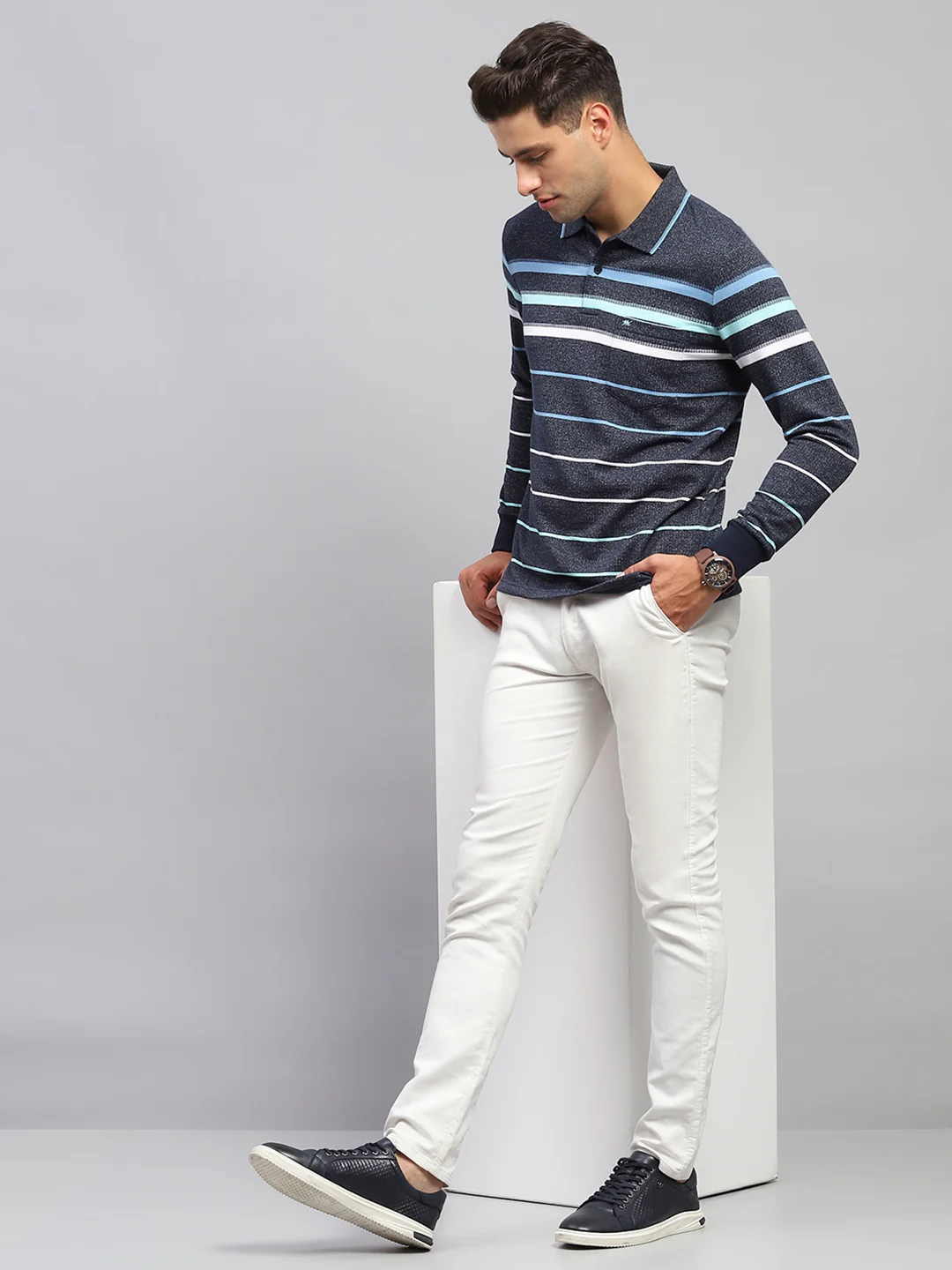 Men Navy Blue Stripe Collar Full Sleeve Winter T-Shirt - Image 2