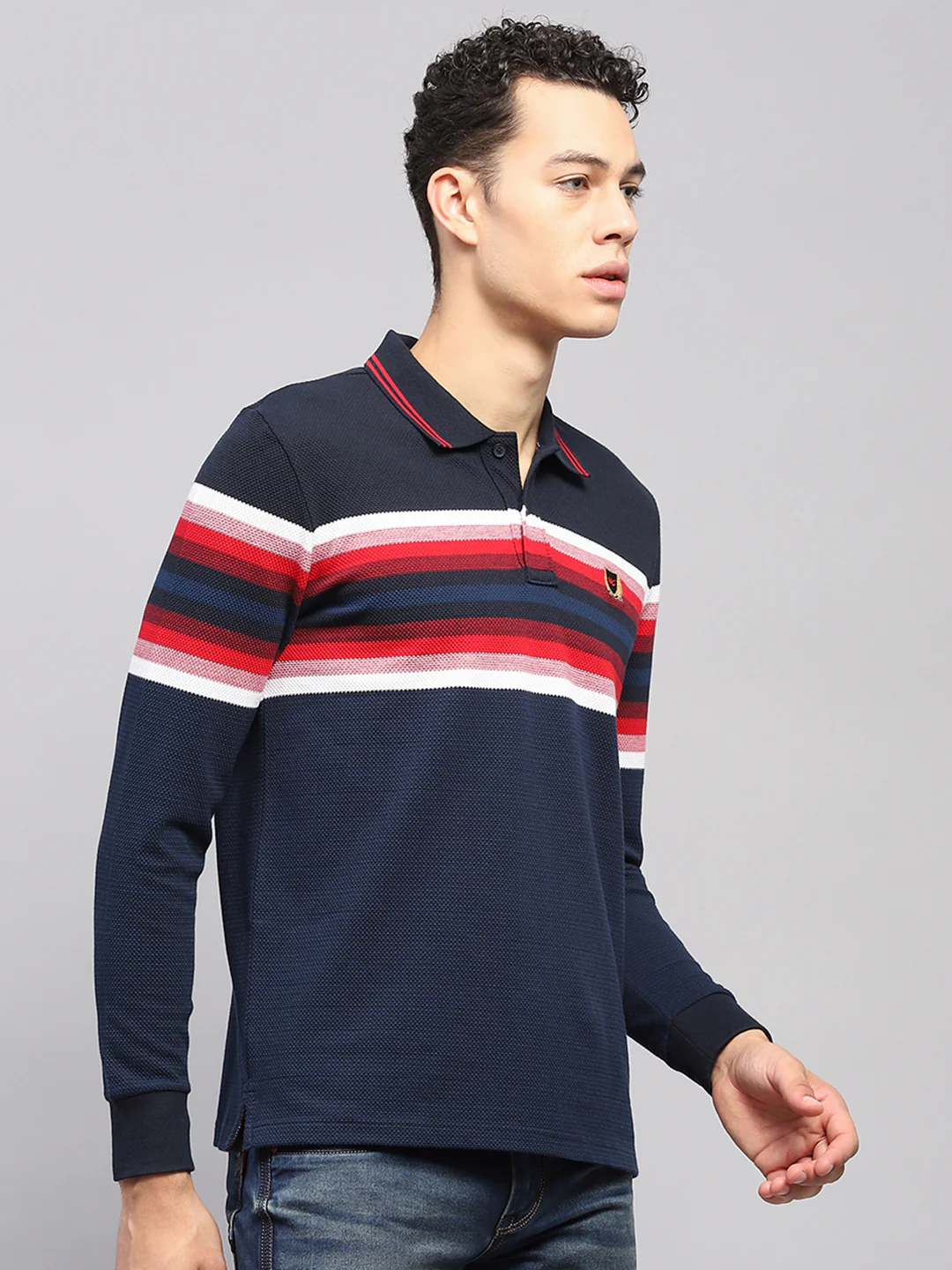 Men Navy Blue Stripe Collar Full Sleeve Winter T-Shirt - Image 4