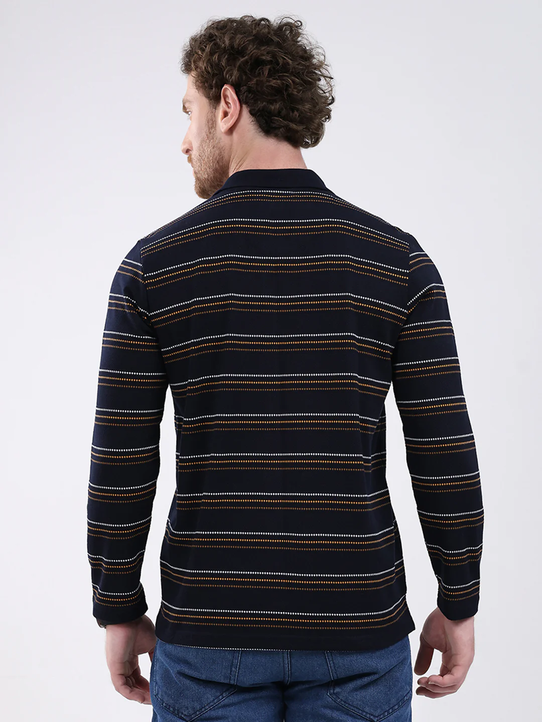 Men Navy Blue Stripe Collar Full Sleeve Winter T-Shirt - Image 5