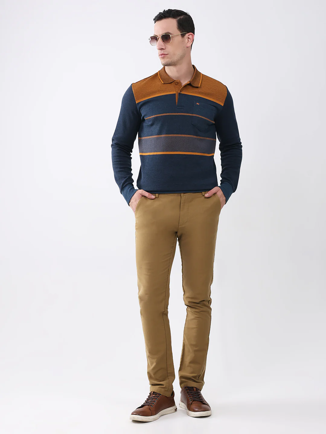 Men Navy Blue Stripe Collar Full Sleeve Winter T-Shirt - Image 2
