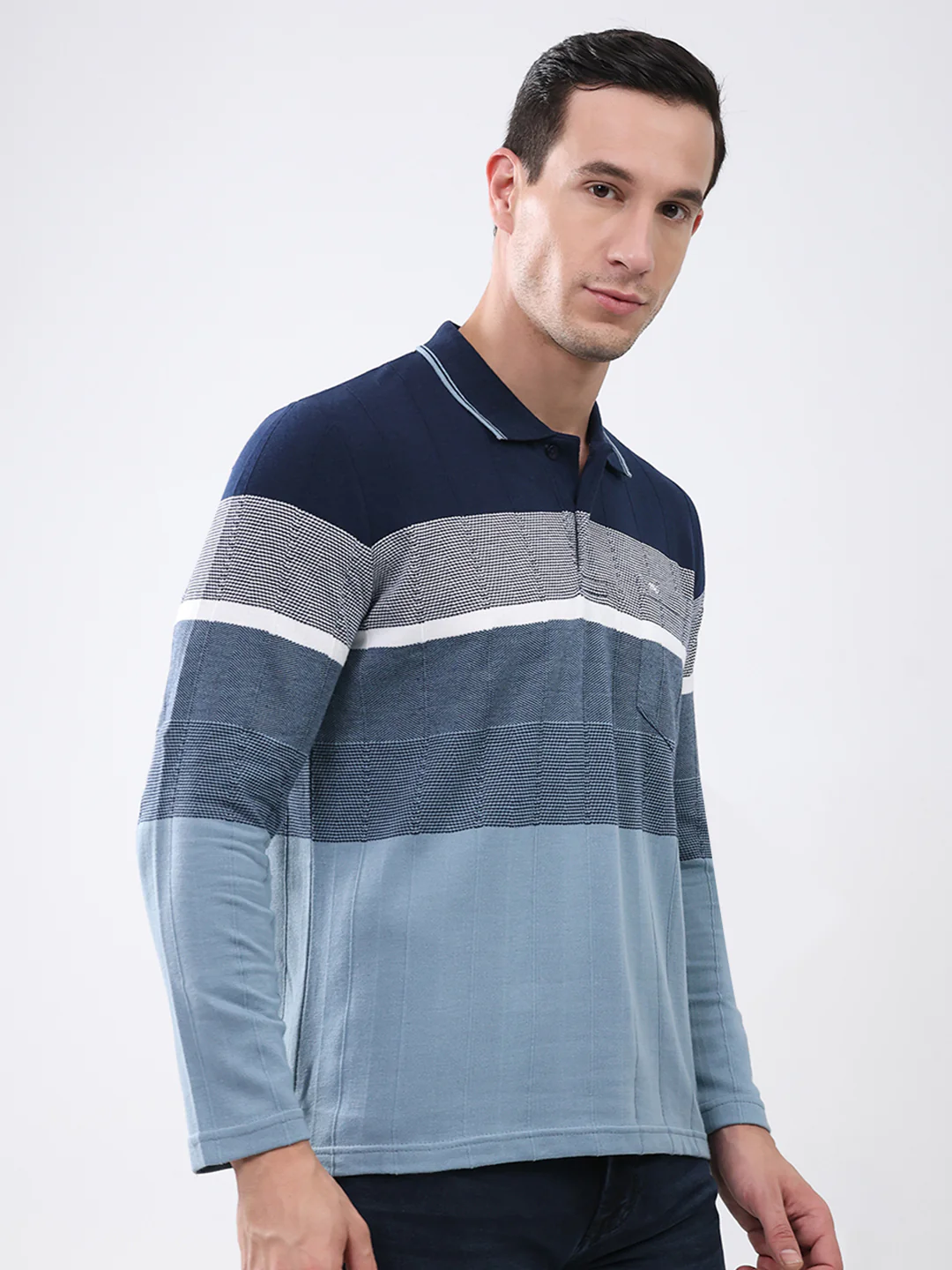 Men Navy Blue Stripe Collar Full Sleeve Winter T-Shirt - Image 4