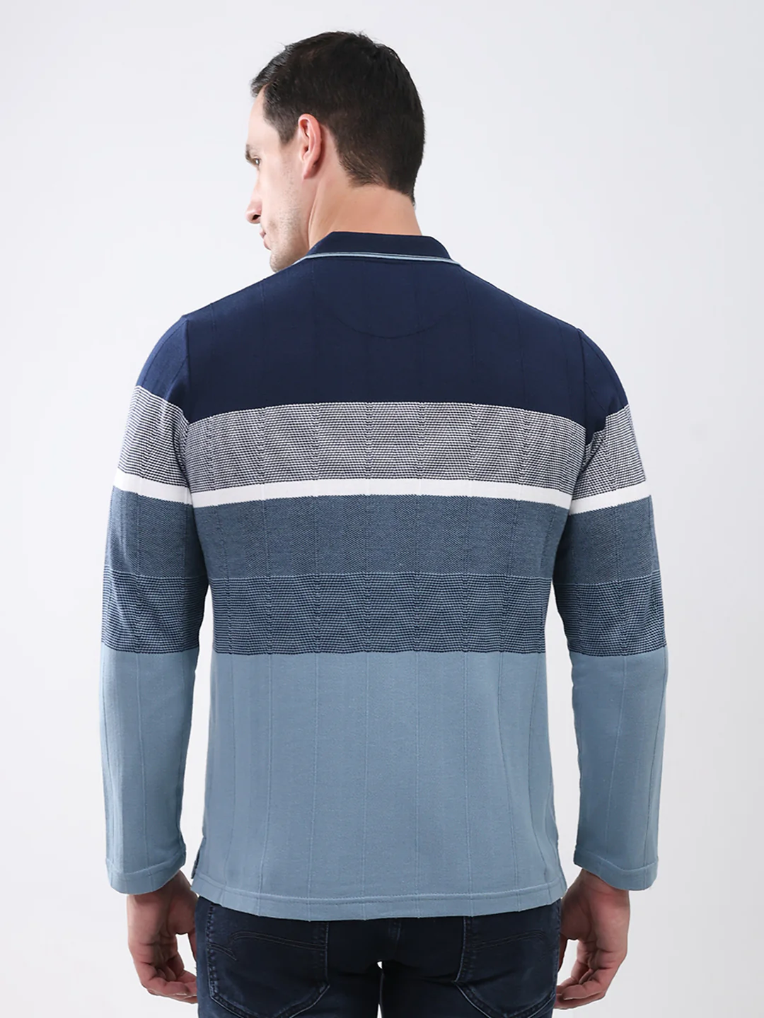 Men Navy Blue Stripe Collar Full Sleeve Winter T-Shirt - Image 5