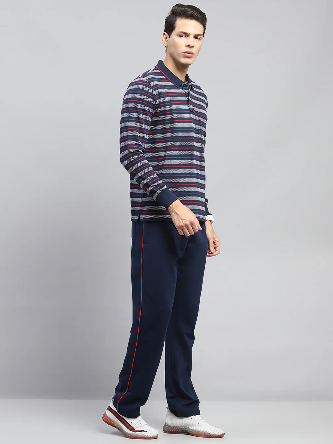 Men Navy Blue Stripe Collar Full Sleeve Winter Tracksuit - Image 4
