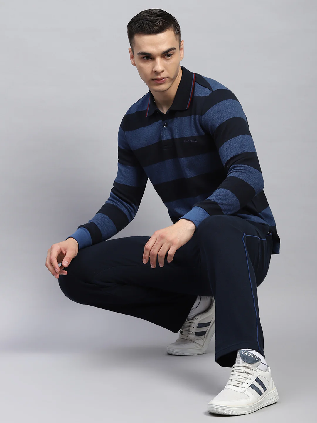 Men Navy Blue Stripe Collar Full Sleeve Winter Tracksuit - Image 2