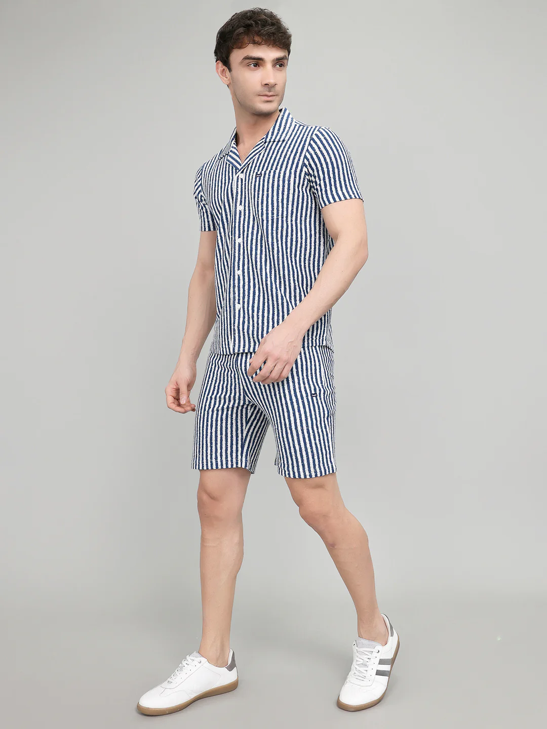 Men Navy Blue Stripe Collar Half Sleeve Bermuda Set - Image 2