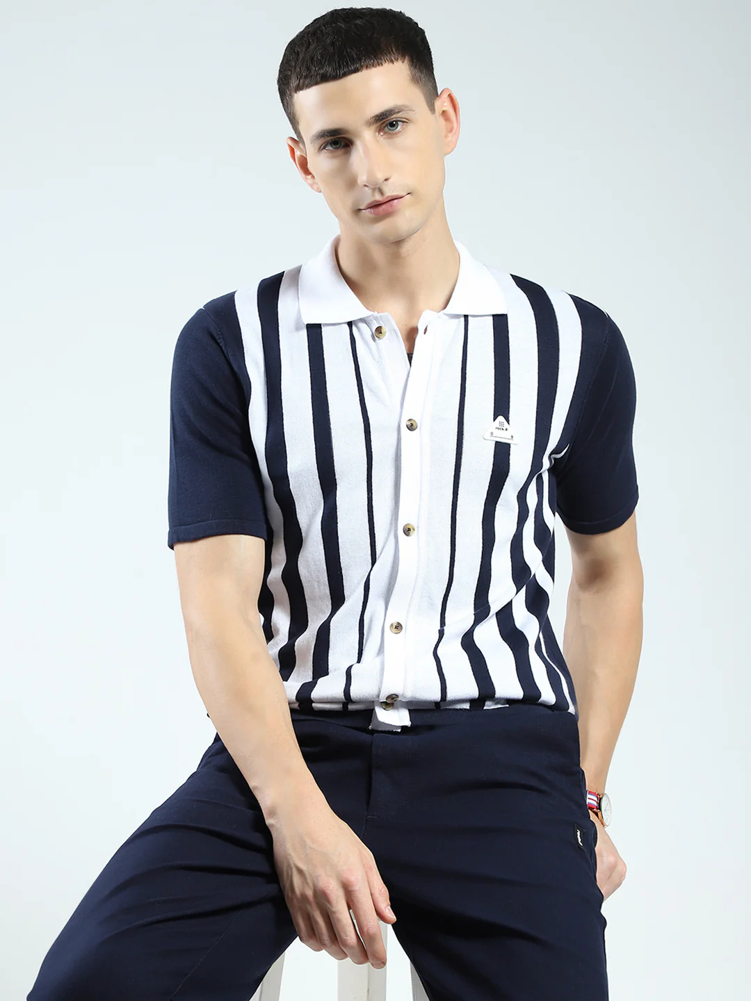 Rock.it Men Navy Blue Stripe Collar Half Sleeve Shirt - Image 6