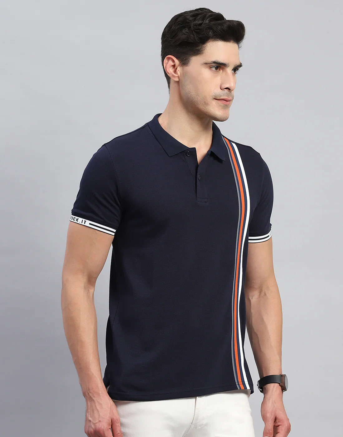 Rock.it Men Navy Blue Stripe Collar Half Sleeve T-Shirt - Image 4