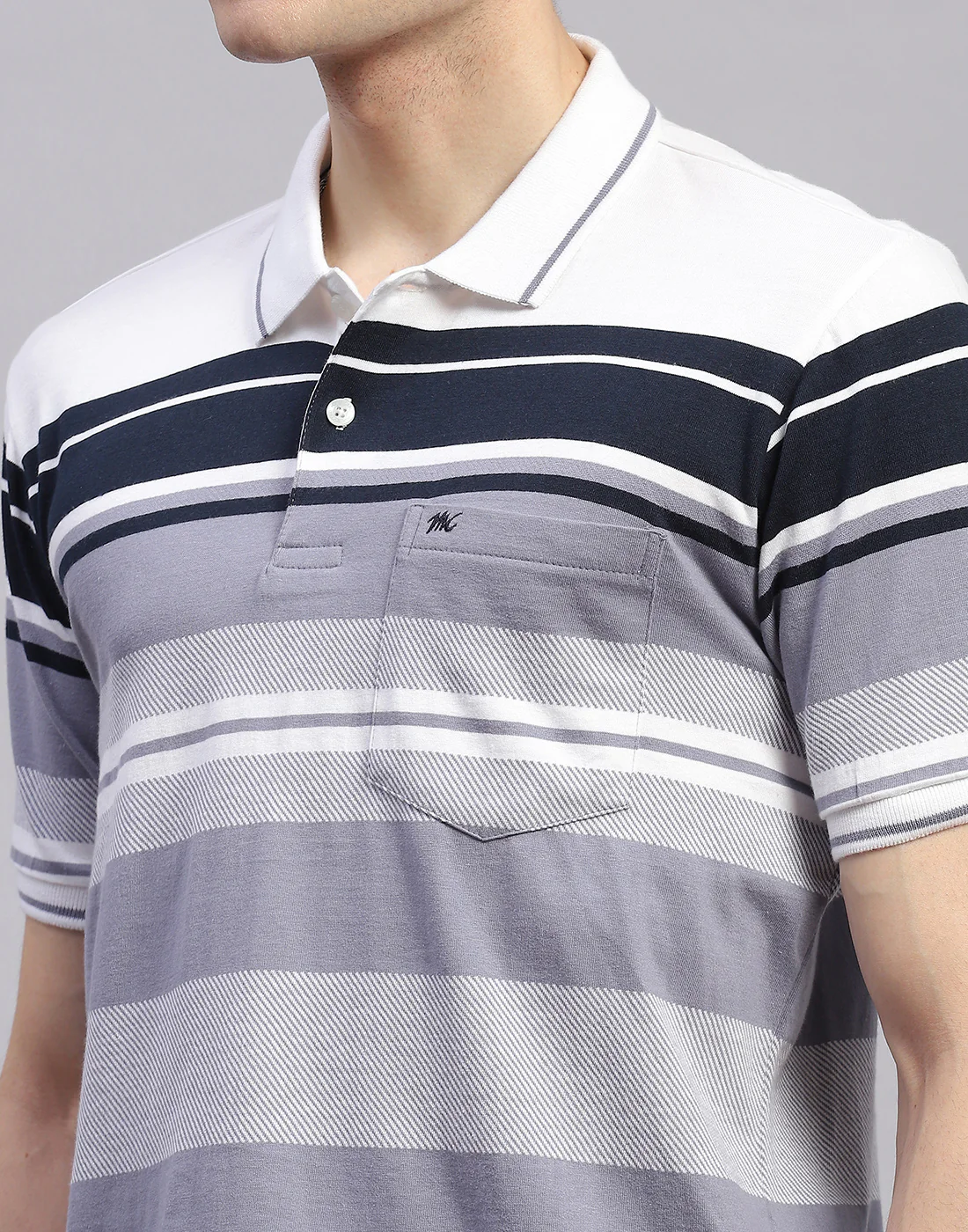 Men Navy Blue Stripe Collar Half Sleeve T-Shirt - Image 6