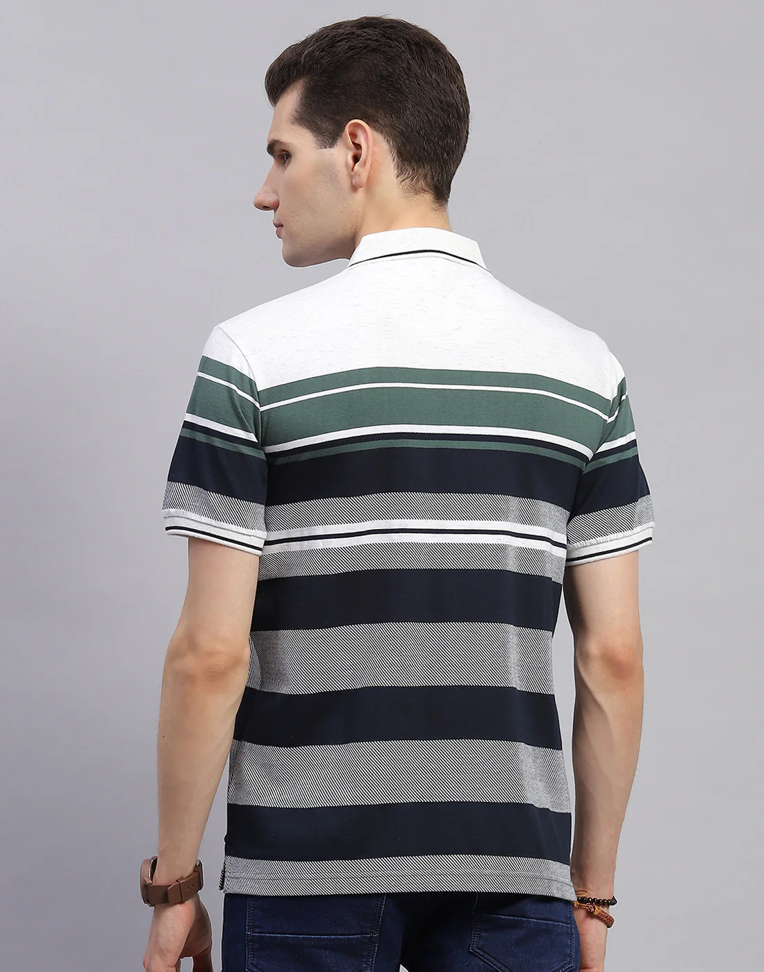 Men Navy Blue Stripe Collar Half Sleeve T-Shirt - Image 5