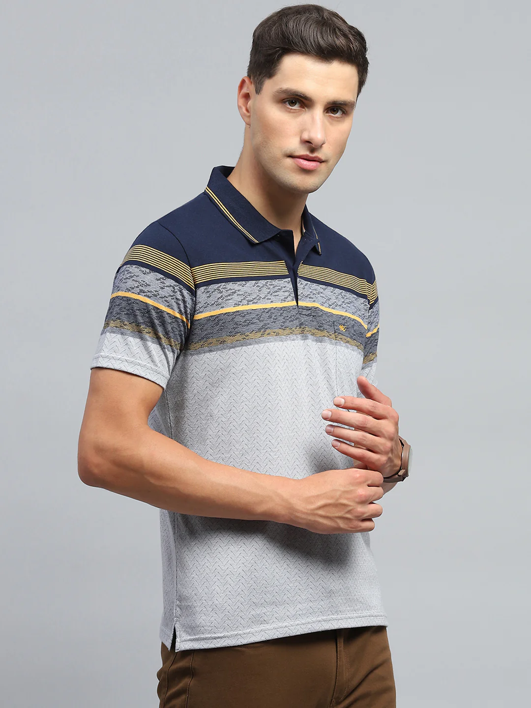 Men Navy Blue Stripe Collar Half Sleeve T-Shirt - Image 4