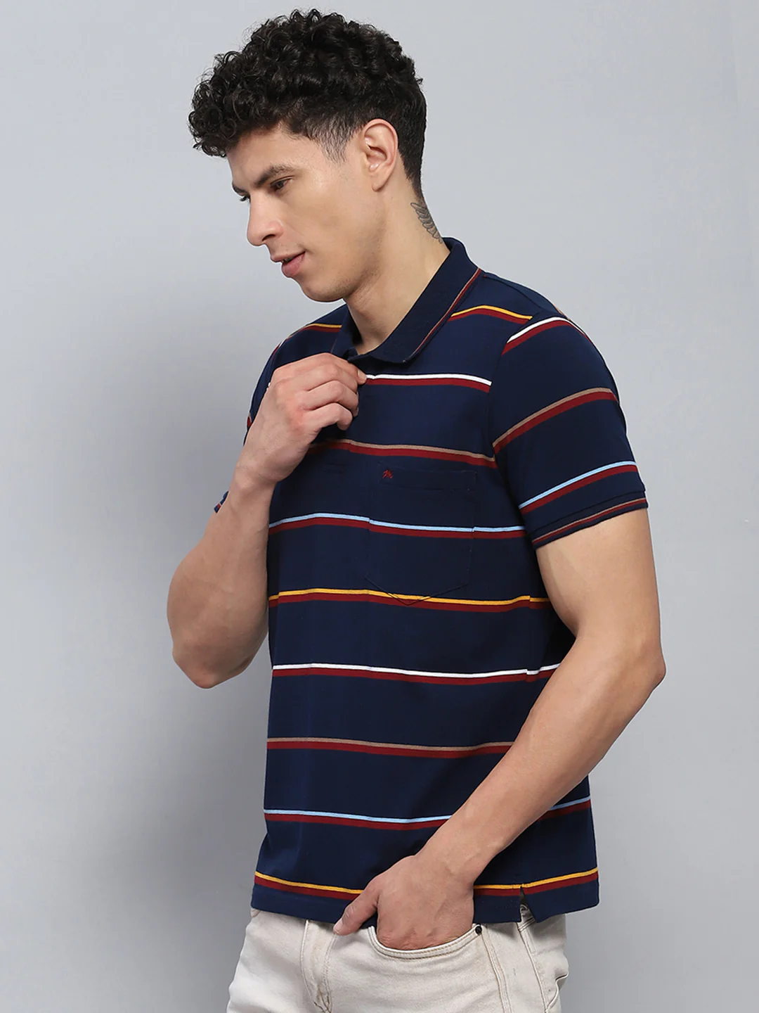 Men Navy Blue Stripe Collar Half Sleeve T-Shirt - Image 3