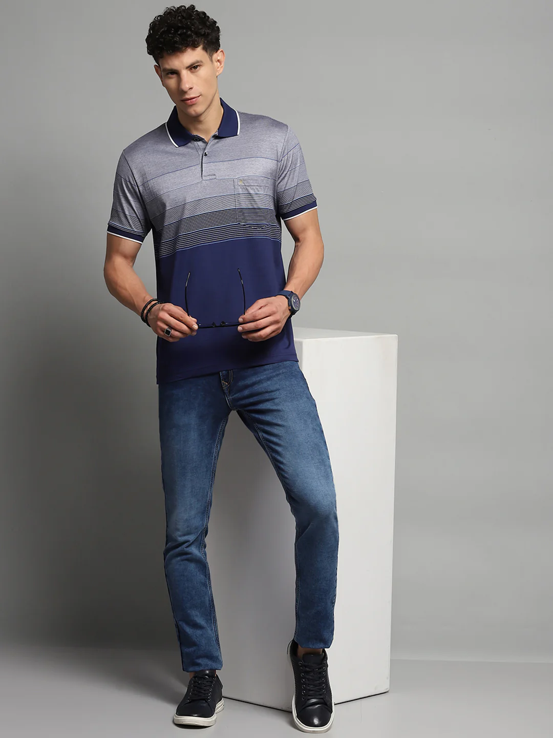 Luxuria Men Navy Blue Stripe Collar Half Sleeve T-Shirt - Image 2