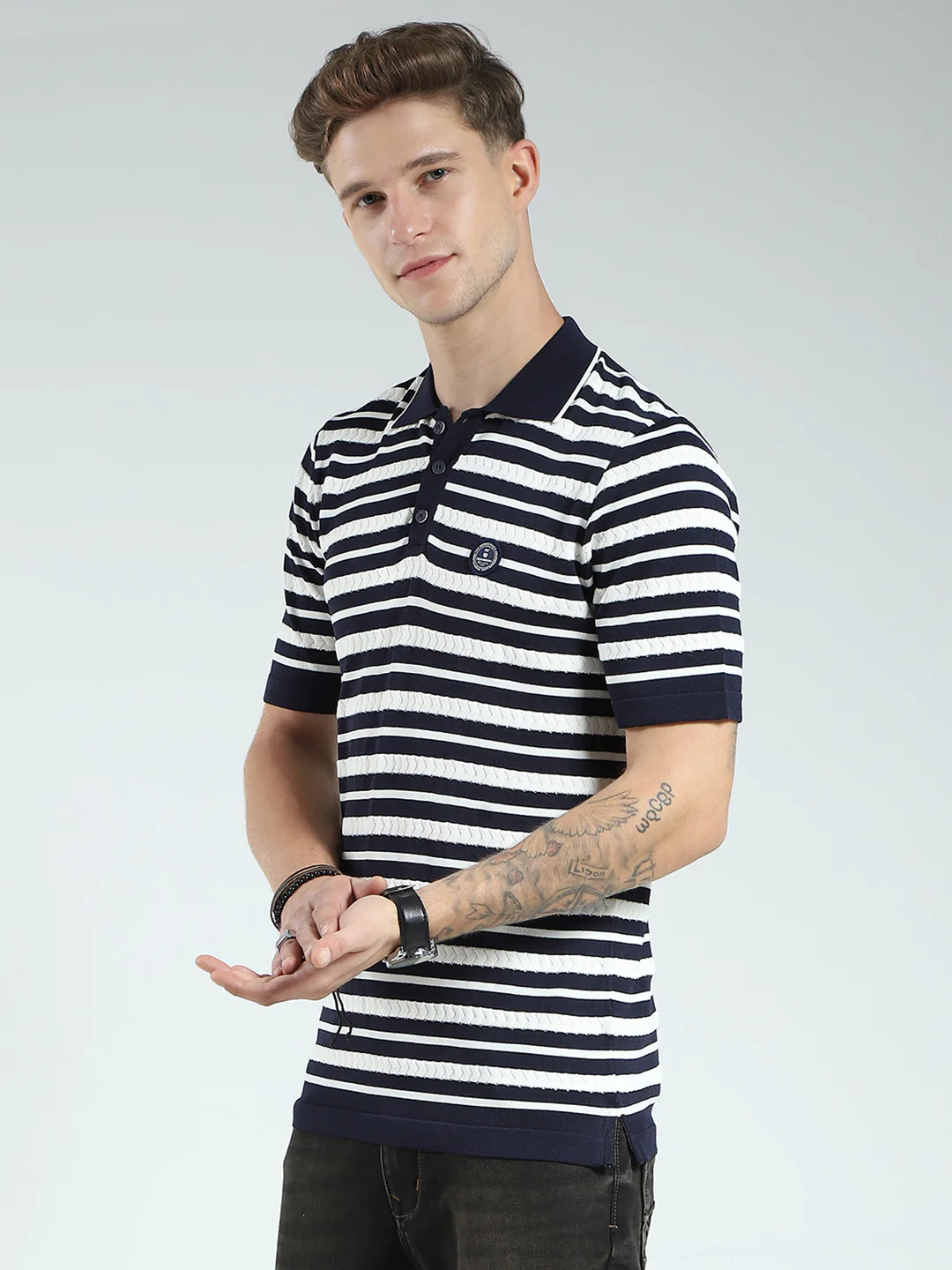 Men Navy Blue Stripe Collar Half Sleeve T-Shirt - Image 3