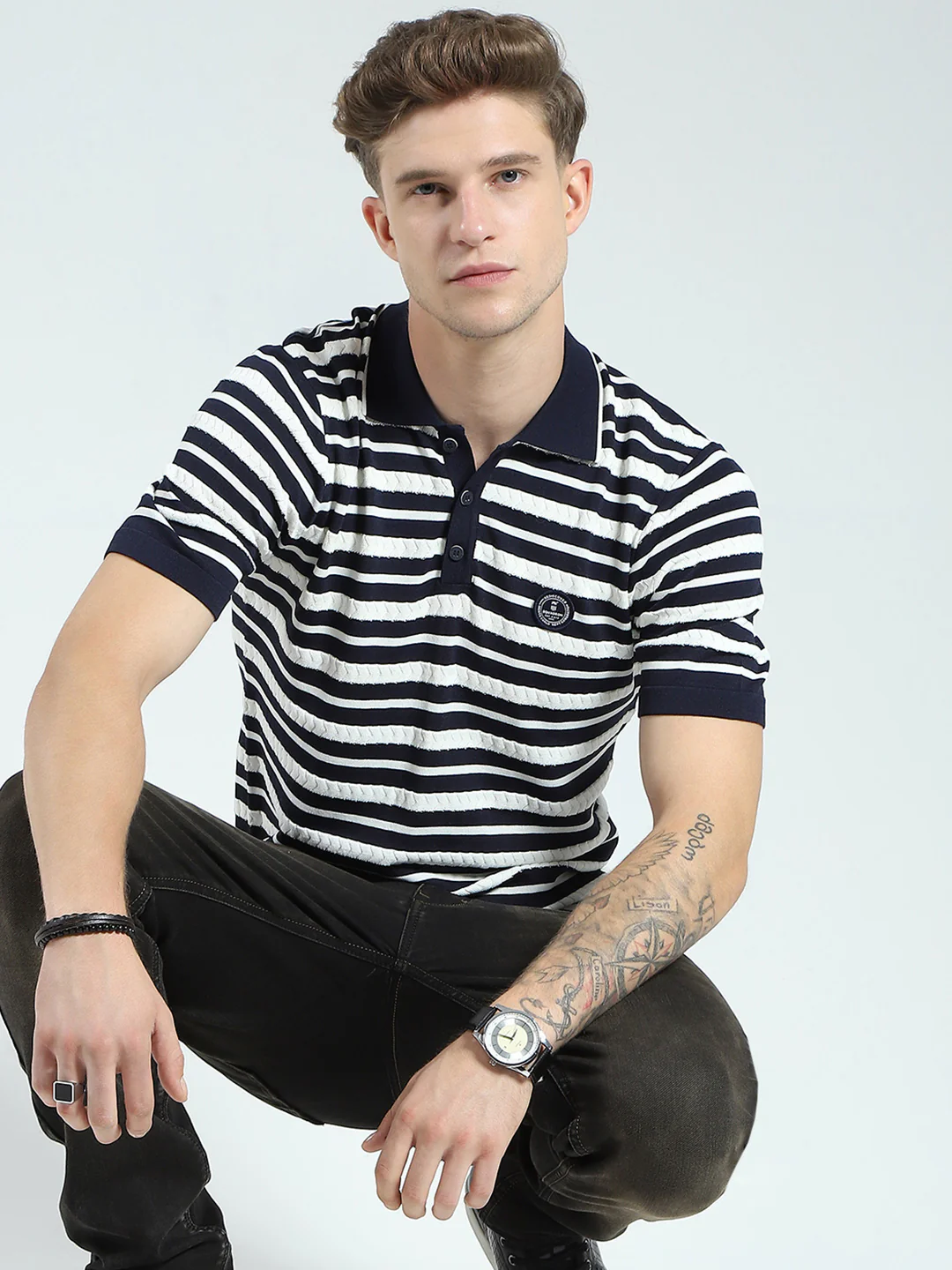 Men Navy Blue Stripe Collar Half Sleeve T-Shirt - Image 6