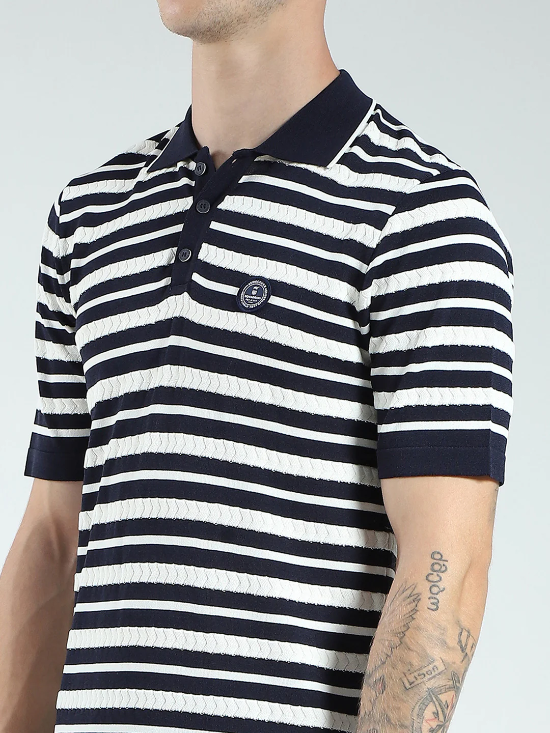Men Navy Blue Stripe Collar Half Sleeve T-Shirt - Image 7