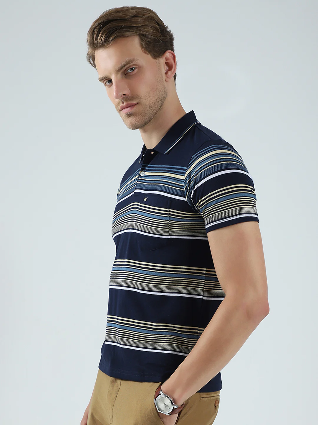 Men Navy Blue Stripe Collar Half Sleeve T-Shirt - Image 3