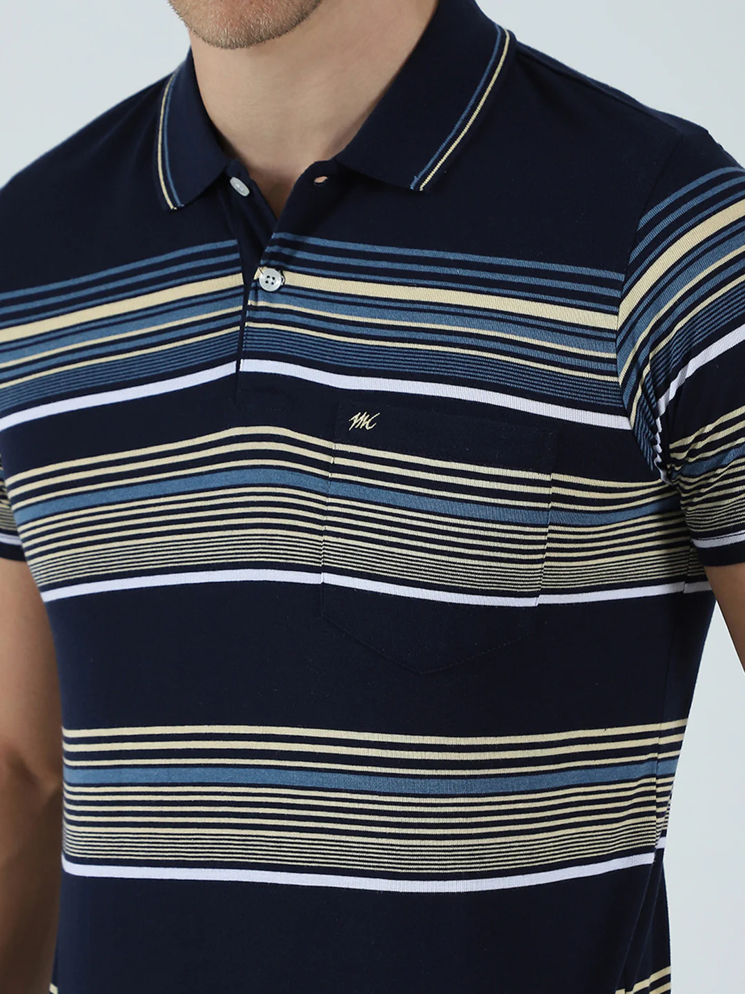 Men Navy Blue Stripe Collar Half Sleeve T-Shirt - Image 7