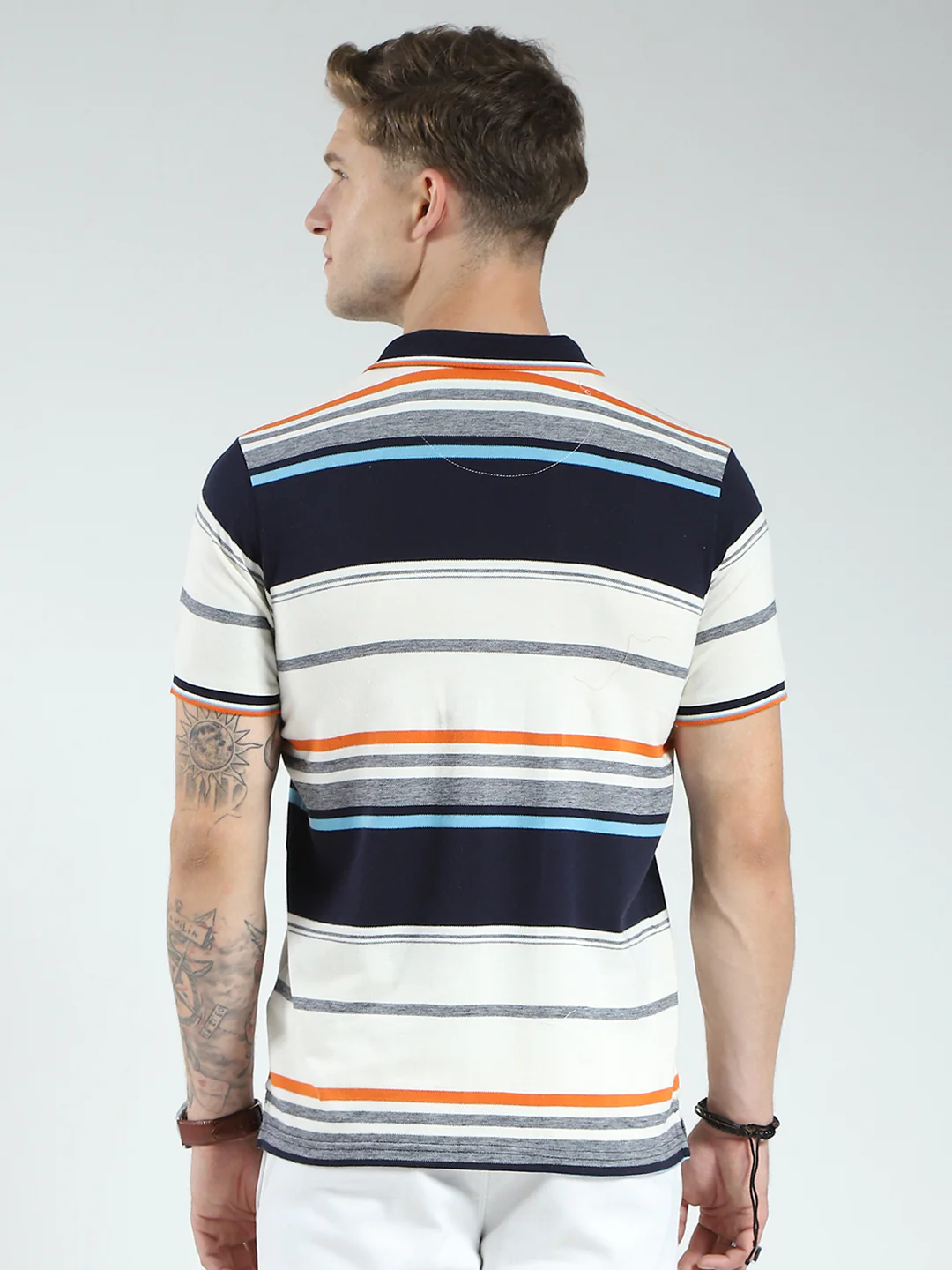 Men Navy Blue Stripe Collar Half Sleeve T-Shirt - Image 5