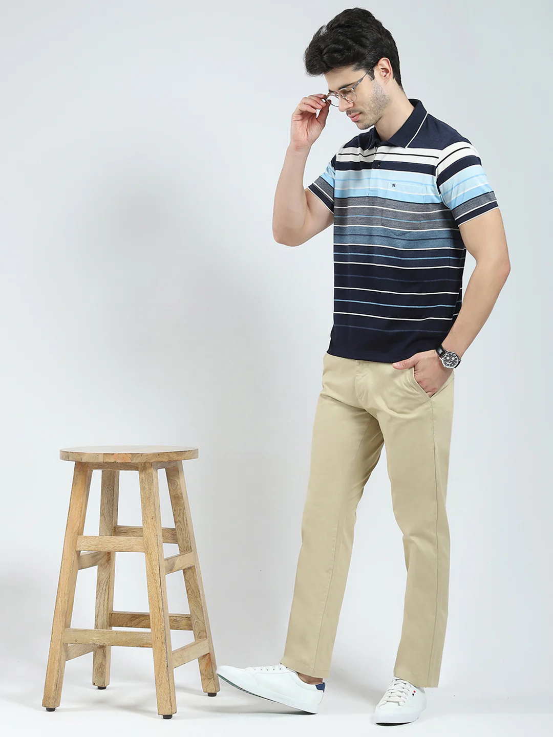 Men Navy Blue Stripe Collar Half Sleeve T-Shirt - Image 2