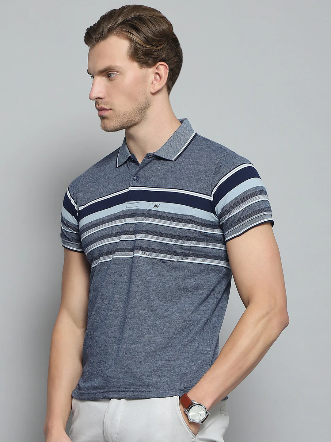 Men Navy Blue Stripe Collar Half Sleeve T-Shirt - Image 3