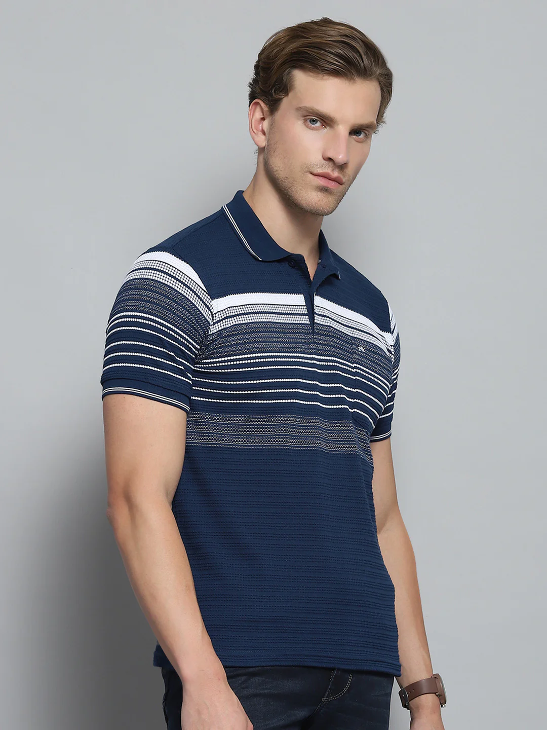 Men Navy Blue Stripe Collar Half Sleeve T-Shirt - Image 4