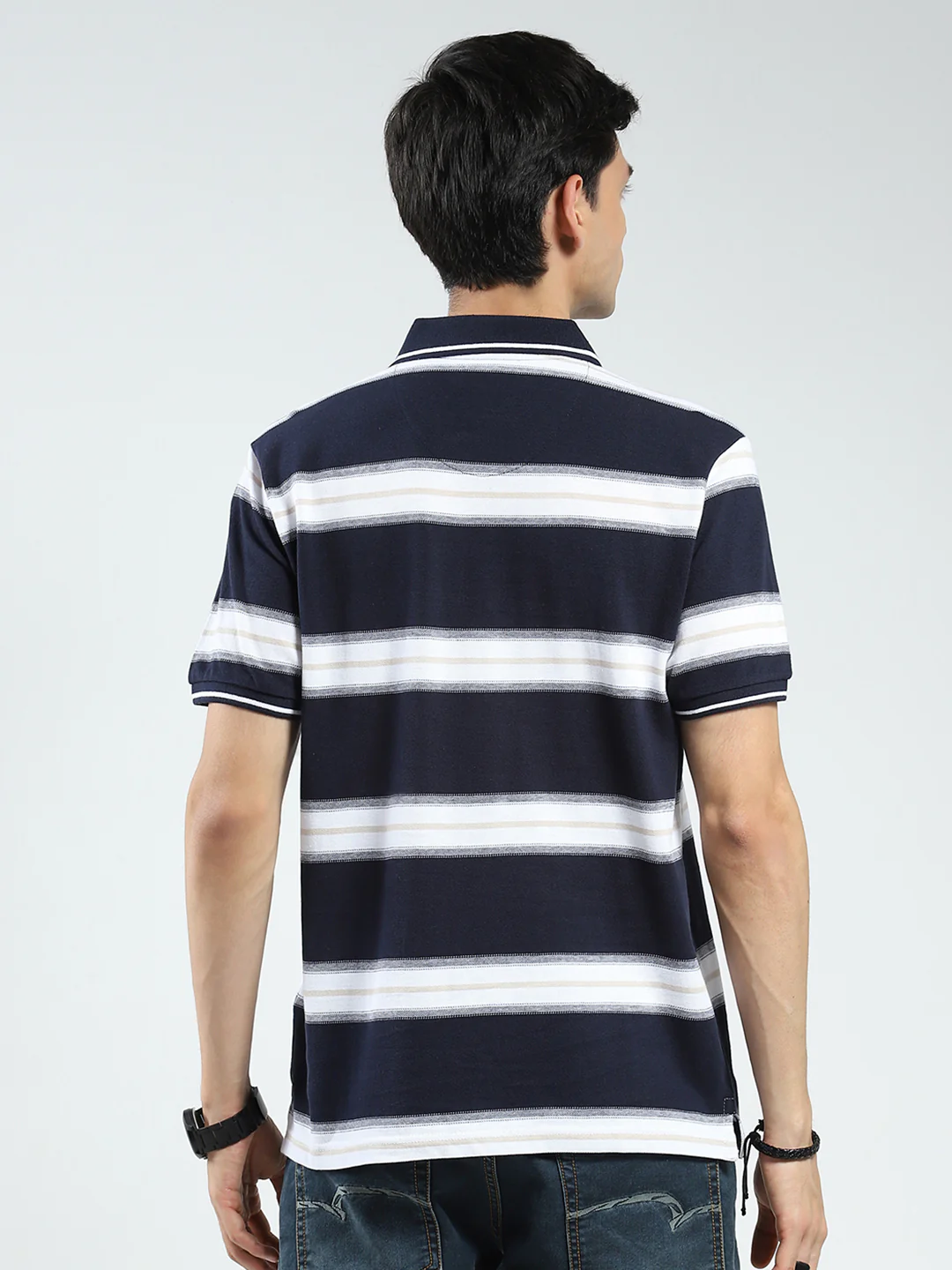 Men Navy Blue Stripe Collar Half Sleeve T-Shirt - Image 5