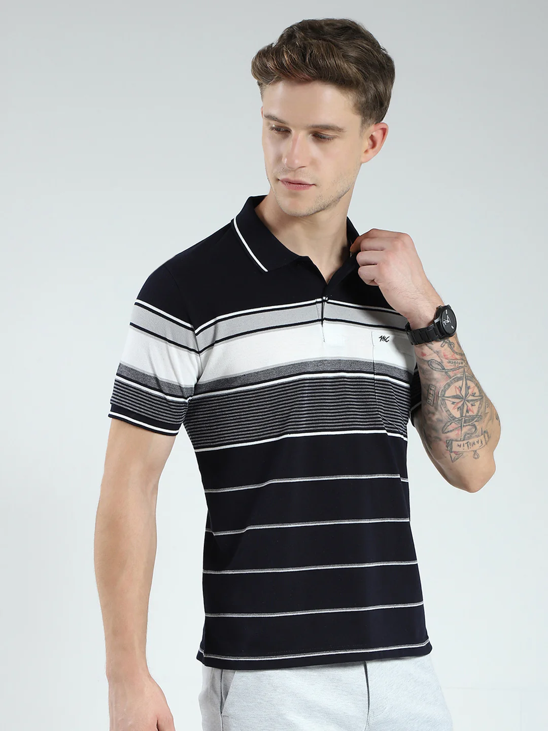Men Navy Blue Stripe Collar Half Sleeve T-Shirt - Image 4