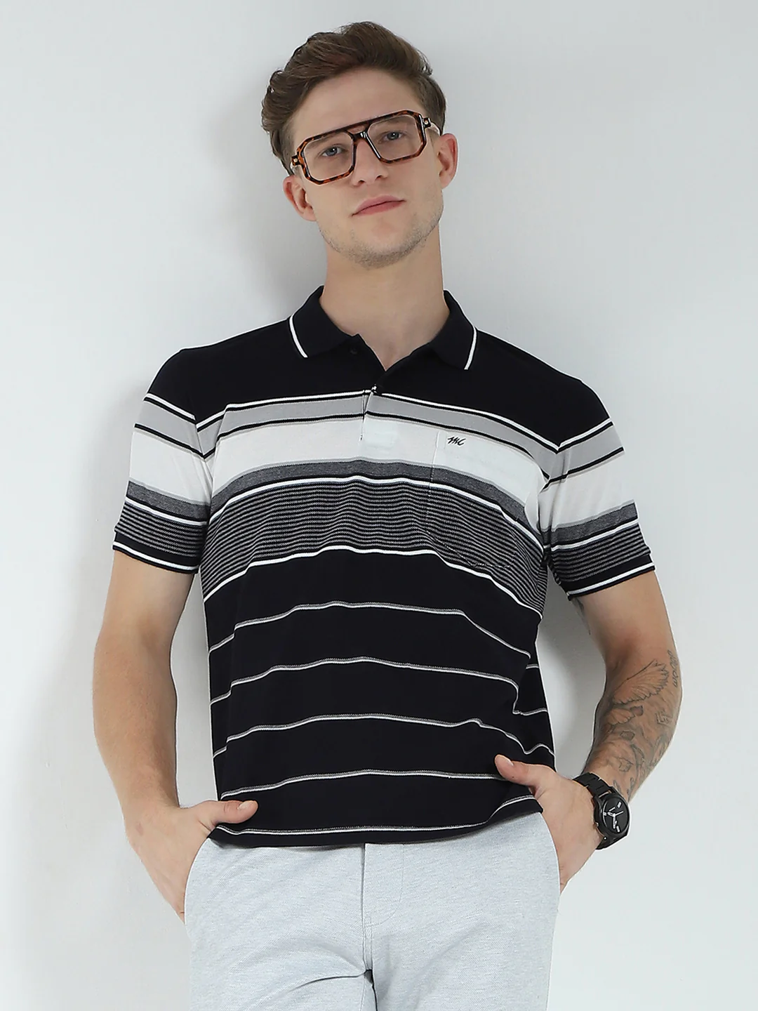 Men Navy Blue Stripe Collar Half Sleeve T-Shirt - Image 6
